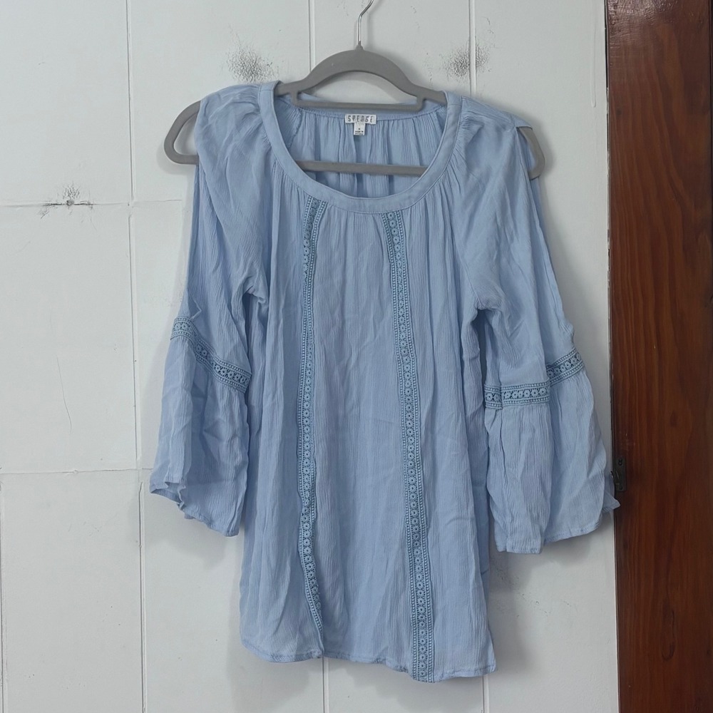 Spense Women Blue Cold Shoulder Bell Sleeve Lace Trim Gauze Blouse Size M